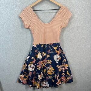 Pact Womens Striped Floral Mixed Print Cutout Back Pocket Dress Small Organic